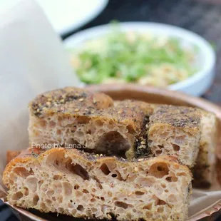 Za&apos;atar Bread &amp; Parsnip Tershi ($8) - Almonds, Golden Raisins, Cilantro. Good. Bread is served cold.