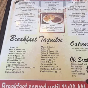 Breakfast menu