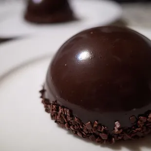 Chocolate bomb (filled with chocolate mousse and crème brulee)