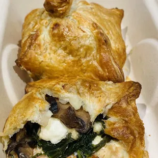 Salmon, mushroom, spinach and feta cheese