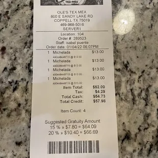 $60 receipt for 4 basic af micheladas