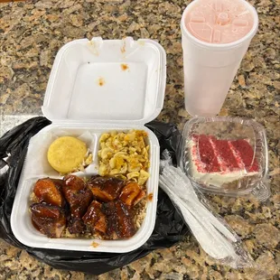 a meal in a styrofoam container