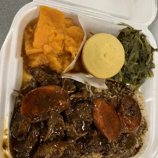 Oxtails, peas and rice, yams, greens, and cornbread...everything was GOOD