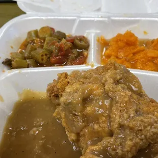 Fried Chicken with gravy, Sweet Potatoes and Tomato n Okra