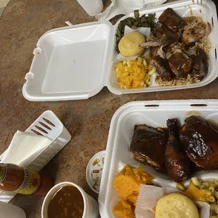 BBQ chicken, Jerk Chicken, yam, Mac n cheese
