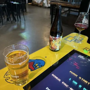 Pac-Man table and two brews