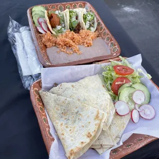 Flour Quesadilla and a Taco Plate with rice and beans.