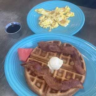 Golden Belgian Waffle with 2 Eggs (scrambled well)