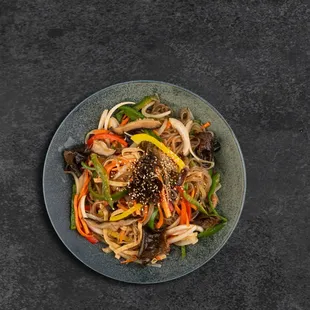 Japchae. Vegetarian Korean stir-fry noodle dish