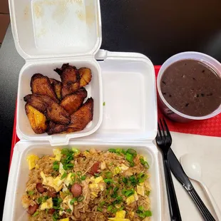 Arroz Chaufa, Plantains and Black Beans.