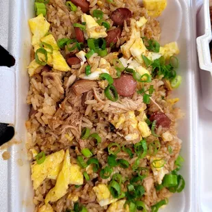 Arroz Chaufa - Chicken, Beef Frank, diced egg, scallion.