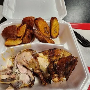 Mixed chicken and home fries and sweet plantains
