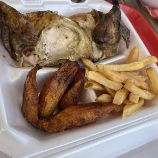 Half chicken white, fries, sweet plantains