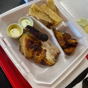 Quarter white chicken combo with yucca fries and fried plaintains
