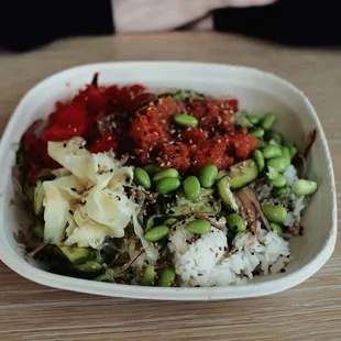 Spicey Tuna, white rice, edamame, pickled ginger, Ohana Sauce