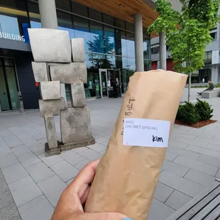 a person holding a paper bag