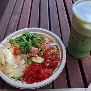 Poke bowl and matcha latte