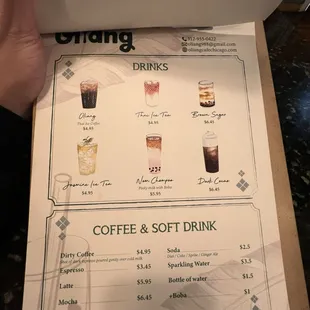 a menu for coffee and soft drink