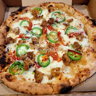 Spicy sausage and peppers pizza. Yum!