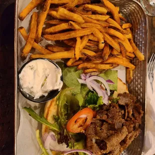 Traditional gyro pita with fries