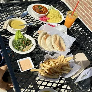 Lentil soup, moroccan stew with saffron rice, fries, &amp; fresh mango juice