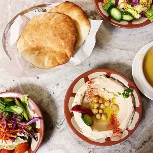 Hummus, fresh baked pita bread and soup/salad :-)