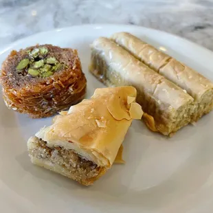 Desserts: cashew fingers, pistachio Baklava, pistachio Burma