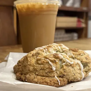 a scone and iced coffee