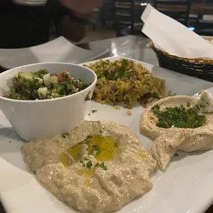 hummus, Babaganoush Dip, Rice &amp; Lentils, Tabbouleh Salad