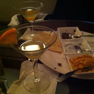 Trio plate that we had to ask for silverware- no plates. After these drinks, the glasses were dry for twenty long minutes.