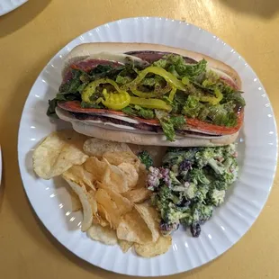 Delicious Italian hoagie with chips and broccoli salad