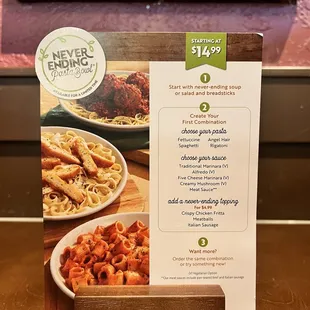 Never Ending Pasta Menu