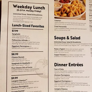 Part of menu showing lunch menu