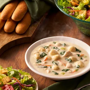 Chicken &amp; Gnocchi: A creamy soup made with roasted chicken, Italian dumplings and spinach.