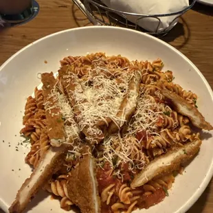 Gluten free rotini with marinara and chicken frittata