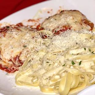 Chicken Parmigiana is excellent. Upgrade spaghetti to fettuccine Alfredo