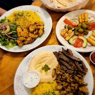 Top - Chicken Kebob Middle - Fried Haloumi Bottom - Half &amp; Half Kabob (Gyro &amp; Chicken Shawarma)