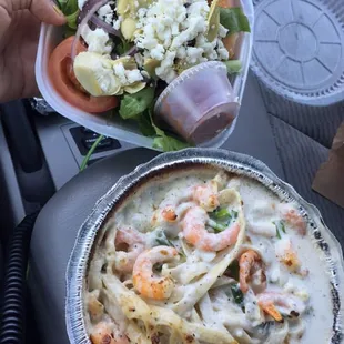 Shrimp fettuccine Alfredo was really good but needed more salt! Their side salad is so good too