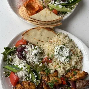 Chicken &amp; Steak Kabob Plate with Hummus, Rice, Mediterranean Salad, &amp; Pita Bread