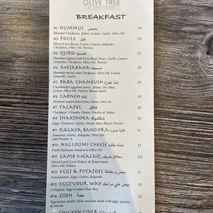 Breakfast menu