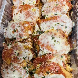 a tray of chicken parmesan
