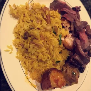 Steak, chicken rice, oxtail, chicken hearts, potatoes $7.71