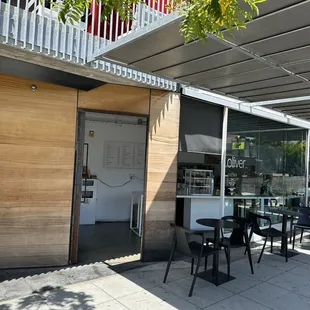 Outdoor patio on the corner of university