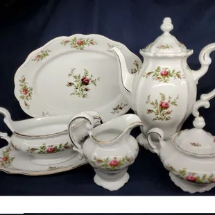 Serving pieces in the Moss Rose Pattern china, made popular by Johann Haviland China of Bavaria, made by Traditions Fine China
