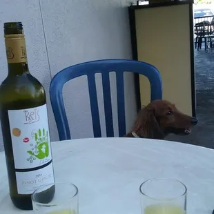 two glasses of wine and a bottle of wine on a table