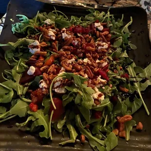 Beet and goat cheese arugula salad. Yum.