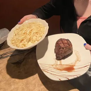 Filet with fettuccine Alfredo, up-charge for pasta.