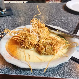 fried angel hair-wrapped crab balls