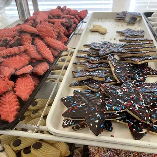 a display of cookies and pastries