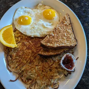 Toast, Sunny side, Hash browns